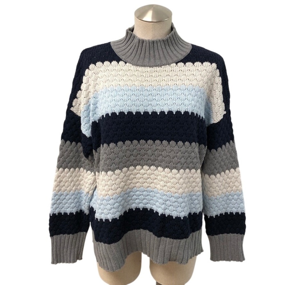 Hannah Rose Sweater Womens Medium Blue Multi Colorblock Cashmere Blend Mock Neck
